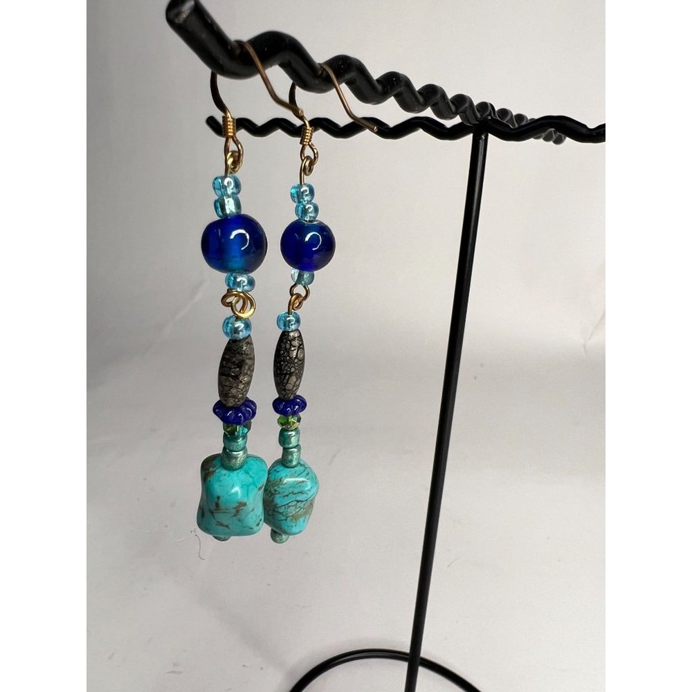Lifestylist Look 3" Drop Pierced Earrings  OS Blue Howlite and Glass